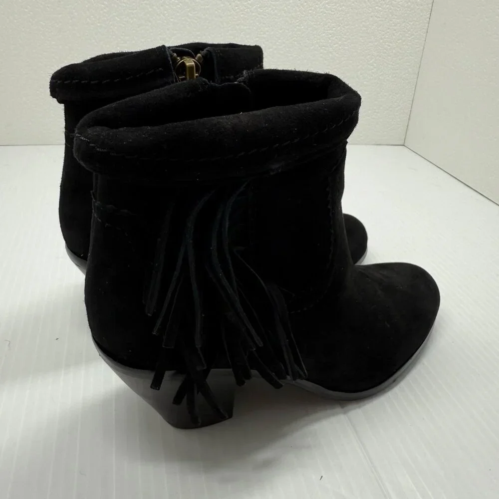 Sam Edelman Louie Black Suede Fringe Ankle Booties Block Heel Womens 6M